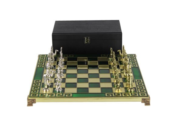 Green metal chess set with Egyptian chess pieces 11 inch