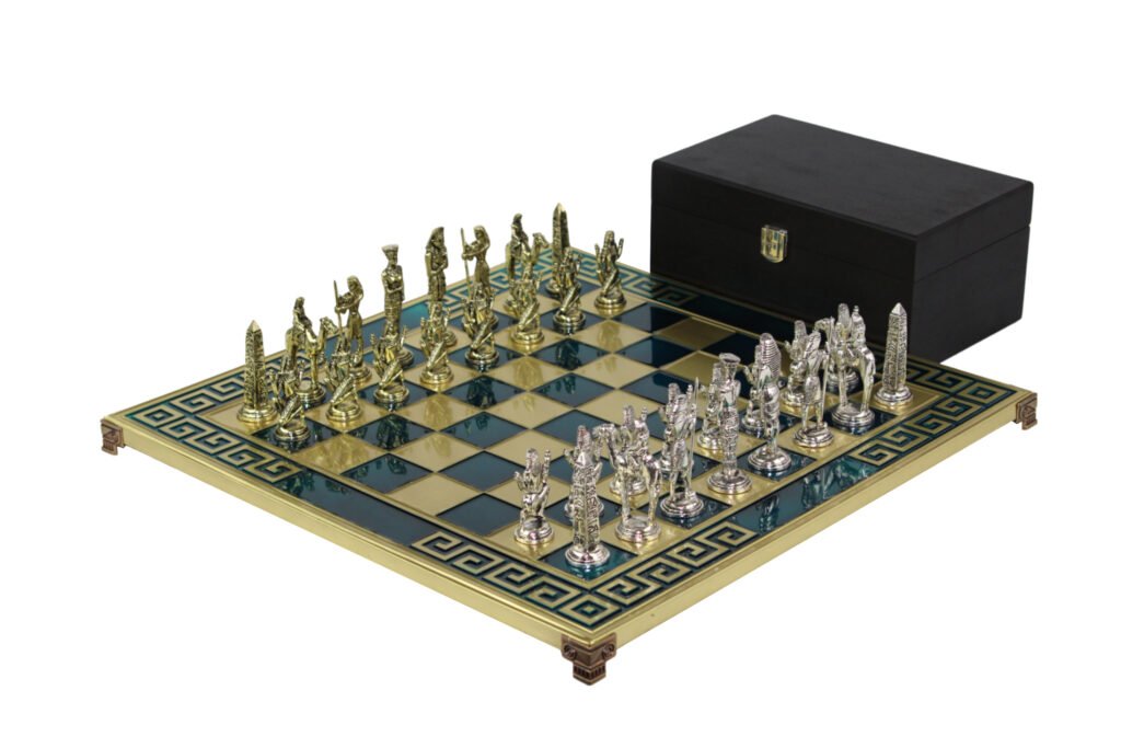 Blue Metal Chess Set With Egyptian Chess Pieces 18