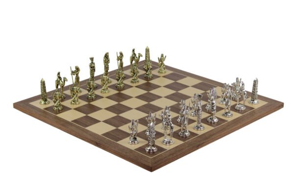 Walnut Chess Set 21 Inch with Egyptian Metal Chess Pieces 3.8 Inch - Image 2