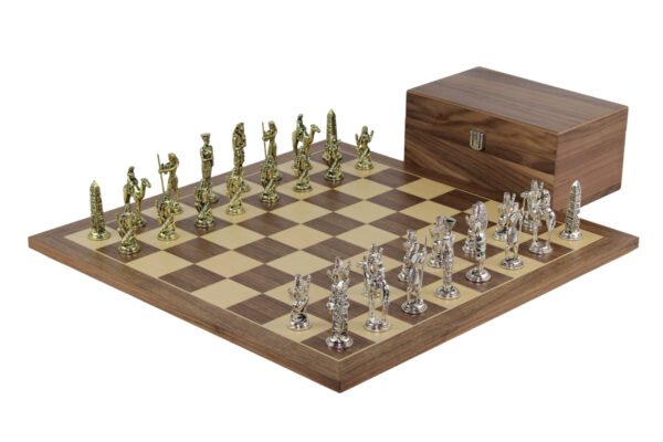 Walnut Chess Set 21 Inch with Egyptian Metal Chess Pieces 3.8