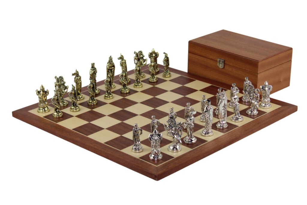 Mahogany Chess Set 21 Inch with Crusaders Metal Chess Pieces 3.8