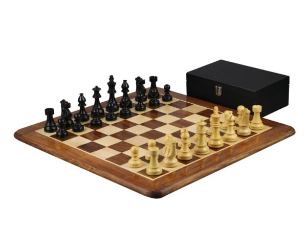 Sheesham Chess Set With Sheesham Flat Chess Board 20 Inch and Ebonised French Knight Chess Pieces 3.75 Inch