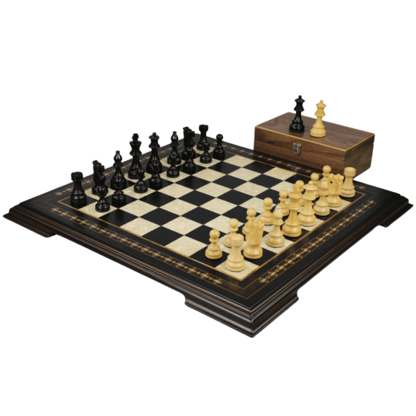 Ebony Chess Set 20 Inch with Helena Chess Board and Weighted Ebonised French Knight Staunton Chess Pieces 3.75 Inch