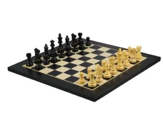 Ebony Chess Set 20 Inch With Helena Flat Board and Weighted Ebonised French Knight Staunton Chess Pieces 3.75 Inch