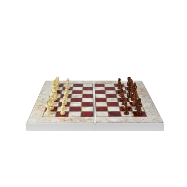 Wooden Red Marble Design Chess & Backgammon Set 19 Inch