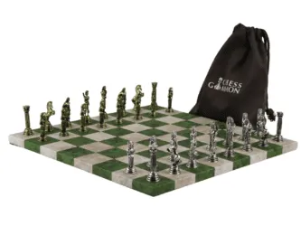 Green Leatherette Personalised Metal Chess Set with Drawstring Bag 14 Inch