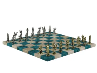 Blue Leatherette Personalised Metal Chess Set with Drawstring Bag 14 Inch