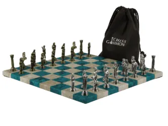 Blue Leatherette Personalised Metal Chess Set with Drawstring Bag 14 Inch