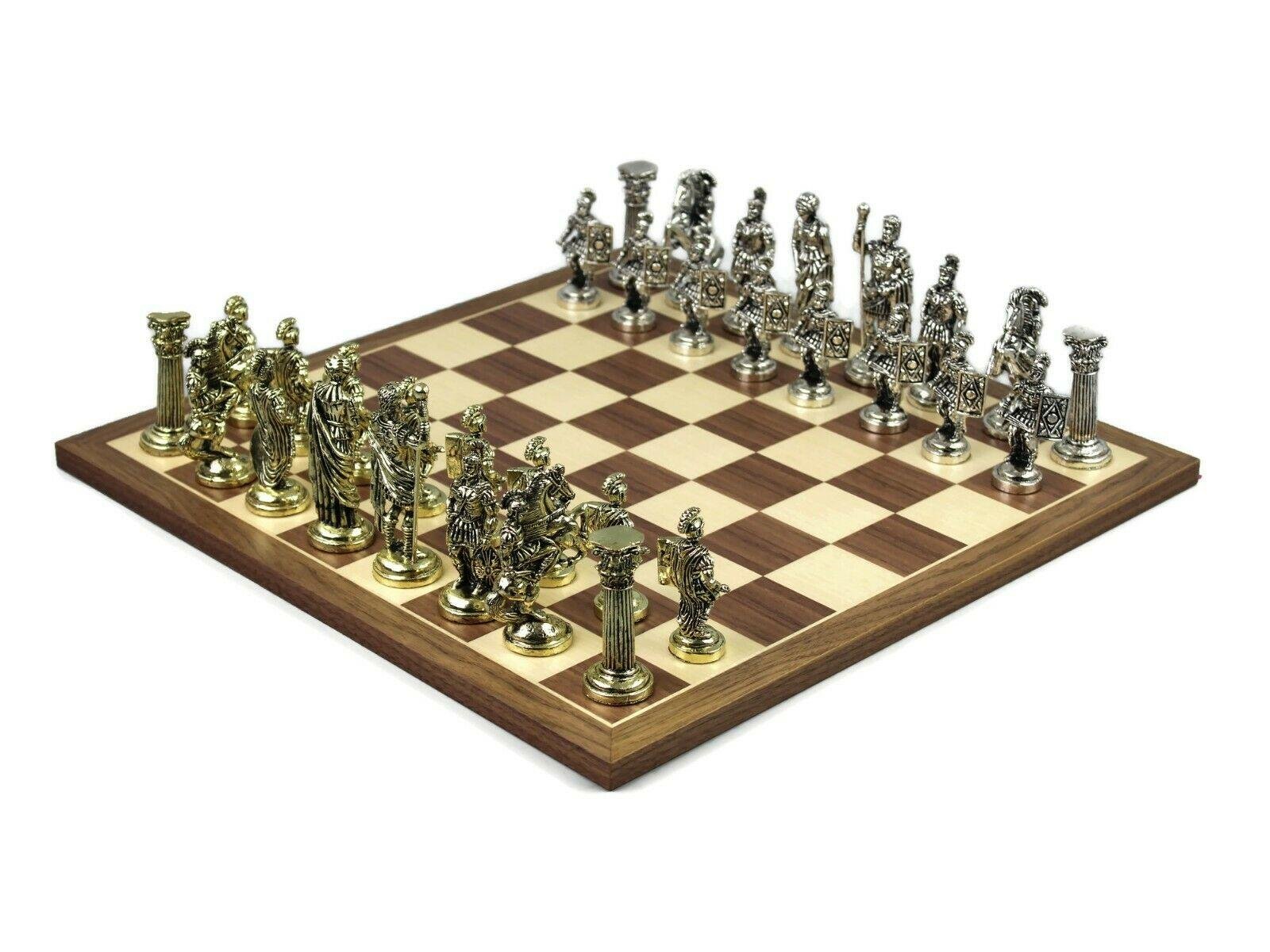 Metal Range Chess Set Walnut & Maple Board with Metal Chess Pieces 16''