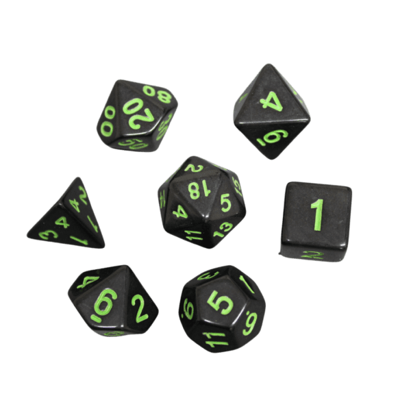 Midnight Black & Neon Green Marbled DND Dice Set, 7 Piece Dice Set, Roll Playing Game Dice with Dice Bag