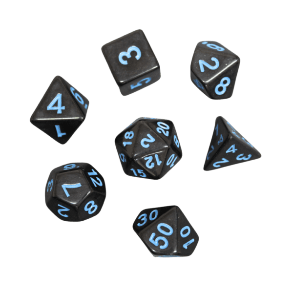 Midnight Black and Neon Blue Marbled DND Dice Set, 7 Piece Dice Set, Roll Playing Game Dice with Dice Bag