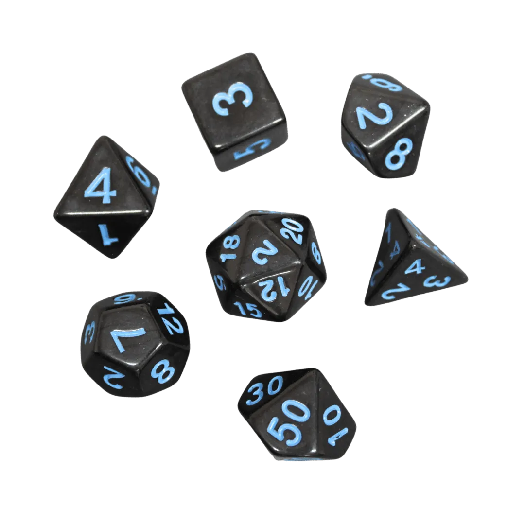Midnight Black and Neon Blue Marbled DND Dice Set, 7 Piece Dice Set, Roll Playing Game Dice with Dice Bag