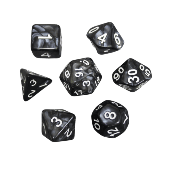 Carbon Black Marbled DND Dice Set, 7 Piece Dice Set, Roll Playing Game Dice with Dice Bag