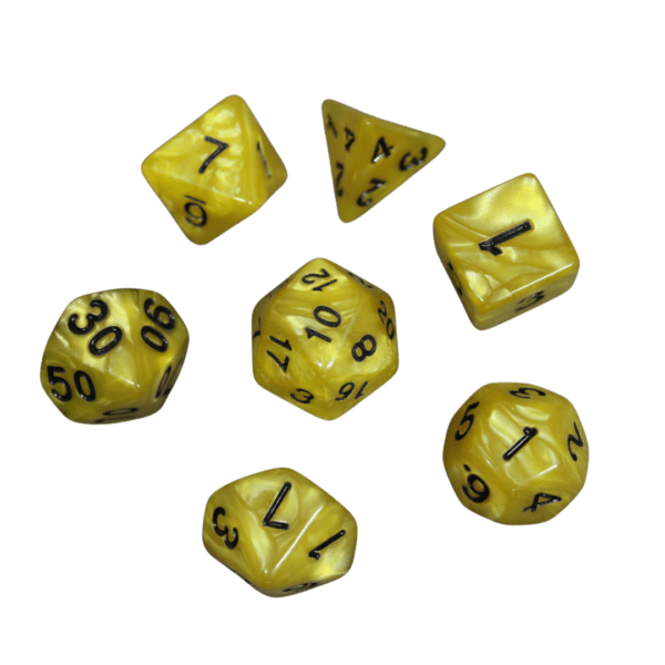 Tuscany Yellow Marbled DND Dice Set, 7 Piece Dice Set, Roll Playing Game Dice with Dice Bag