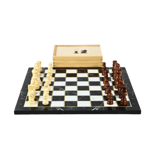 14 Inch Chess Set Black Marble Design with Acrylic UV Cured Varnish Carrying Box