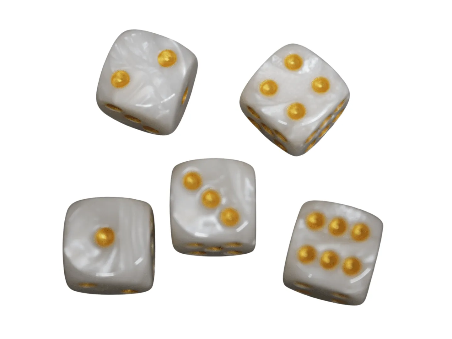 Pearl White Rounded Marble Effect 16 mm D6 Dice Roll Playing Dices with Yellow Dots