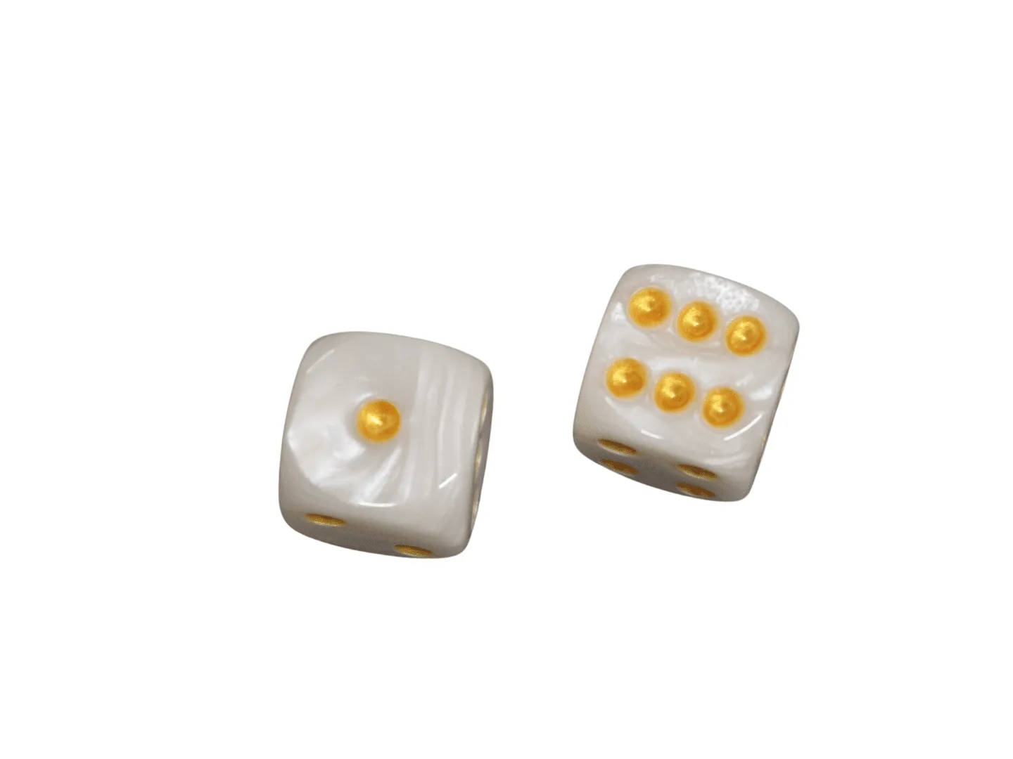 Pearl White Rounded Marble Effect 16 mm D6 Dice Roll Playing Dices with Yellow Dots - Image 2