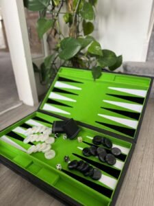Hyperrealistic image of intense backgammon match in elegant gaming room.