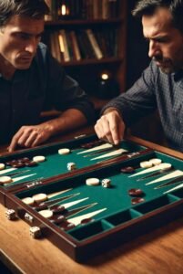 Intense Backgammon game in atmospheric room, players strategizing, examining doubling cube.