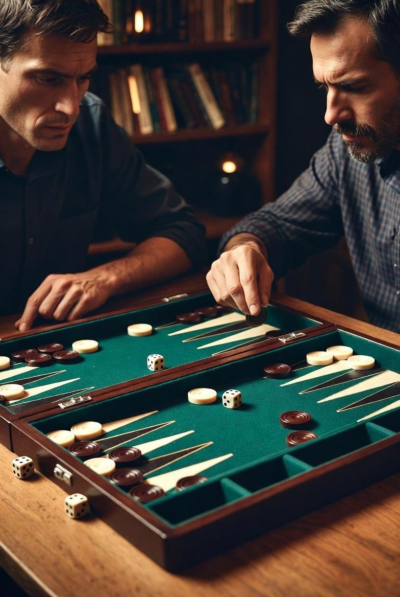 Intense Backgammon game in atmospheric room, players strategizing, examining doubling cube.