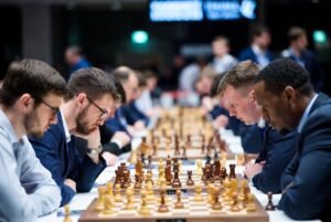 "Intense chess grandmasters strategic battle on grand stage, tension and focus atmosphere."