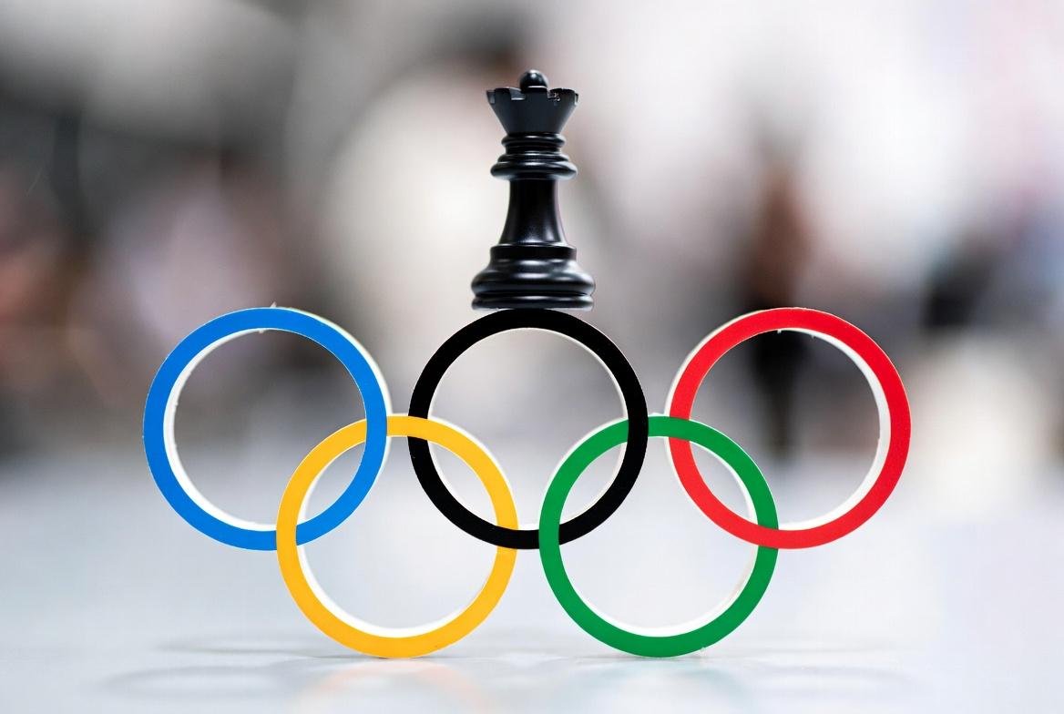 "Intense chess match at Olympics: Masterful players focused, crowd watches in grand hall."