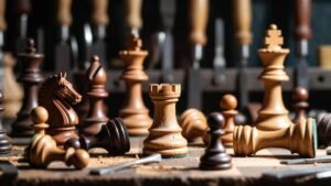 Hyperrealistic workshop scene crafting wooden chess pieces by skilled artisans under soft light.