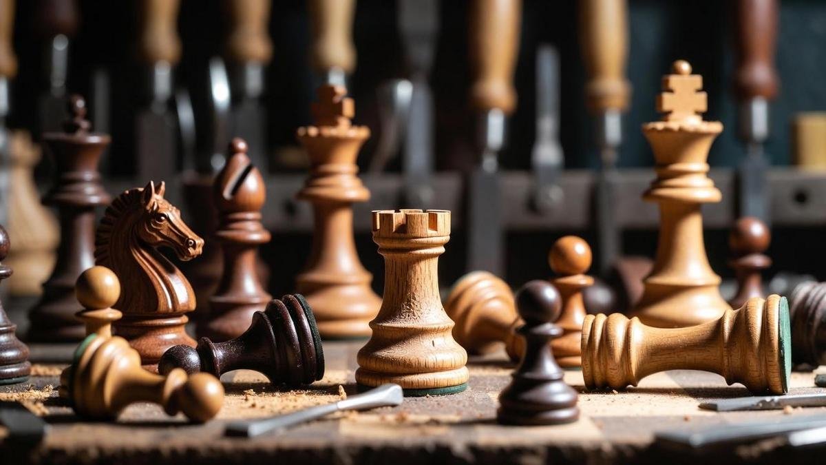 Hyperrealistic workshop scene crafting wooden chess pieces by skilled artisans under soft light.