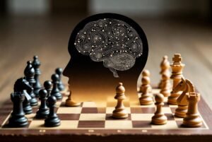 Alt text: Intense chess match between grandmasters captured in hyperrealistic detail.