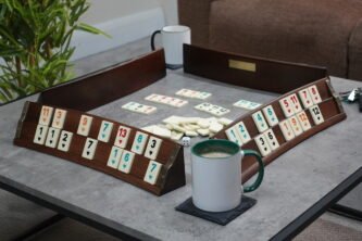 Premium Curved Walnut Wood Rummy Set with Melamine Tiles 17 inch