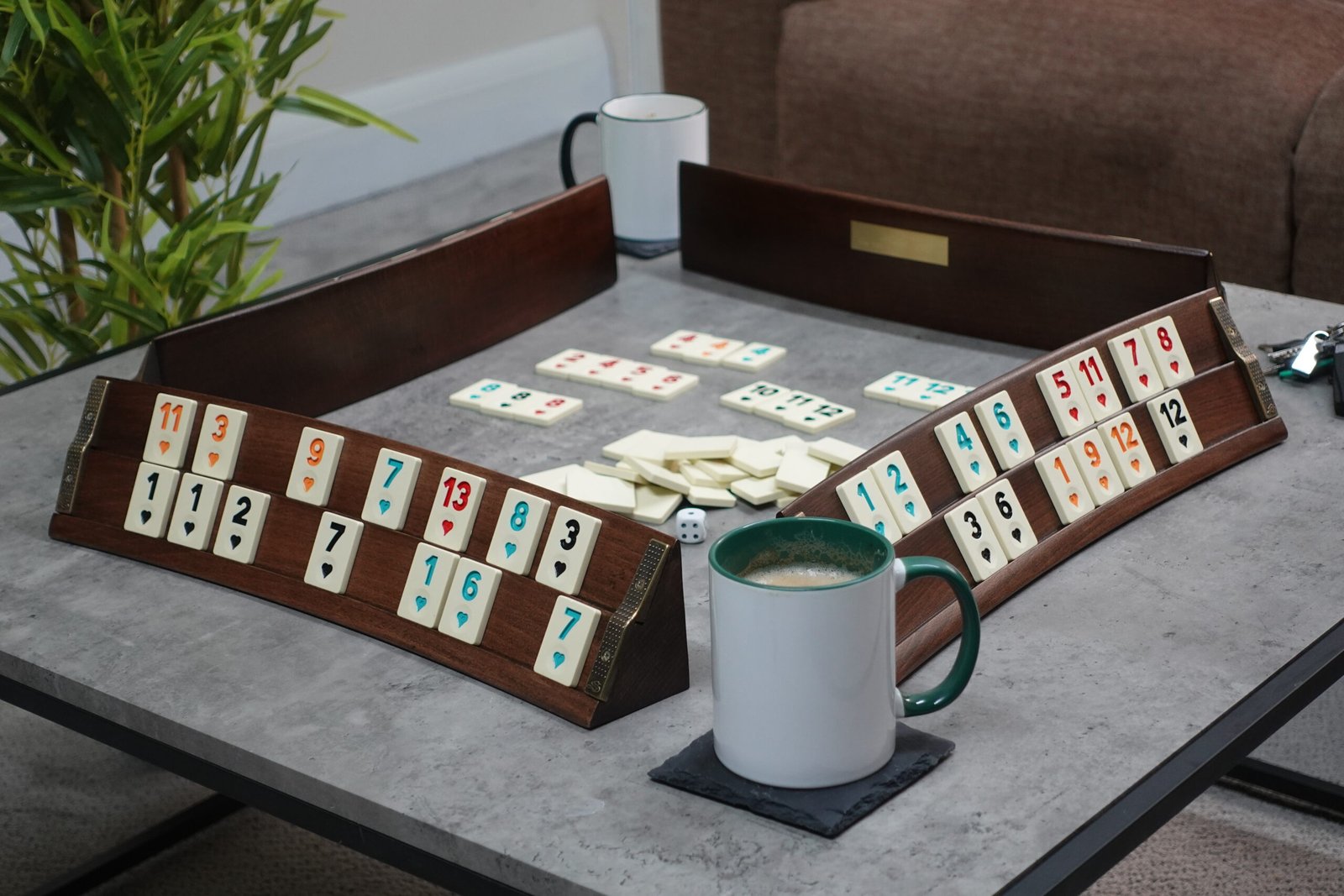 Premium Curved Walnut Wood Rummy Set with Melamine Tiles 17 inch