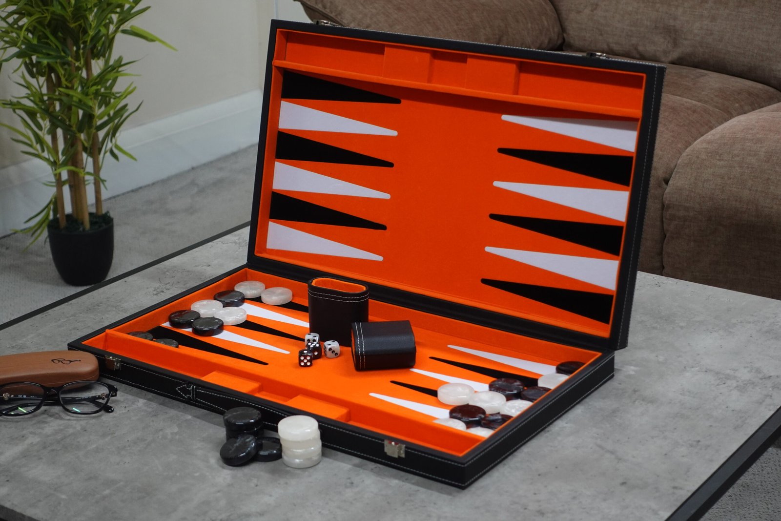 Coral Orange Leather Backgammon Set 21 Inch